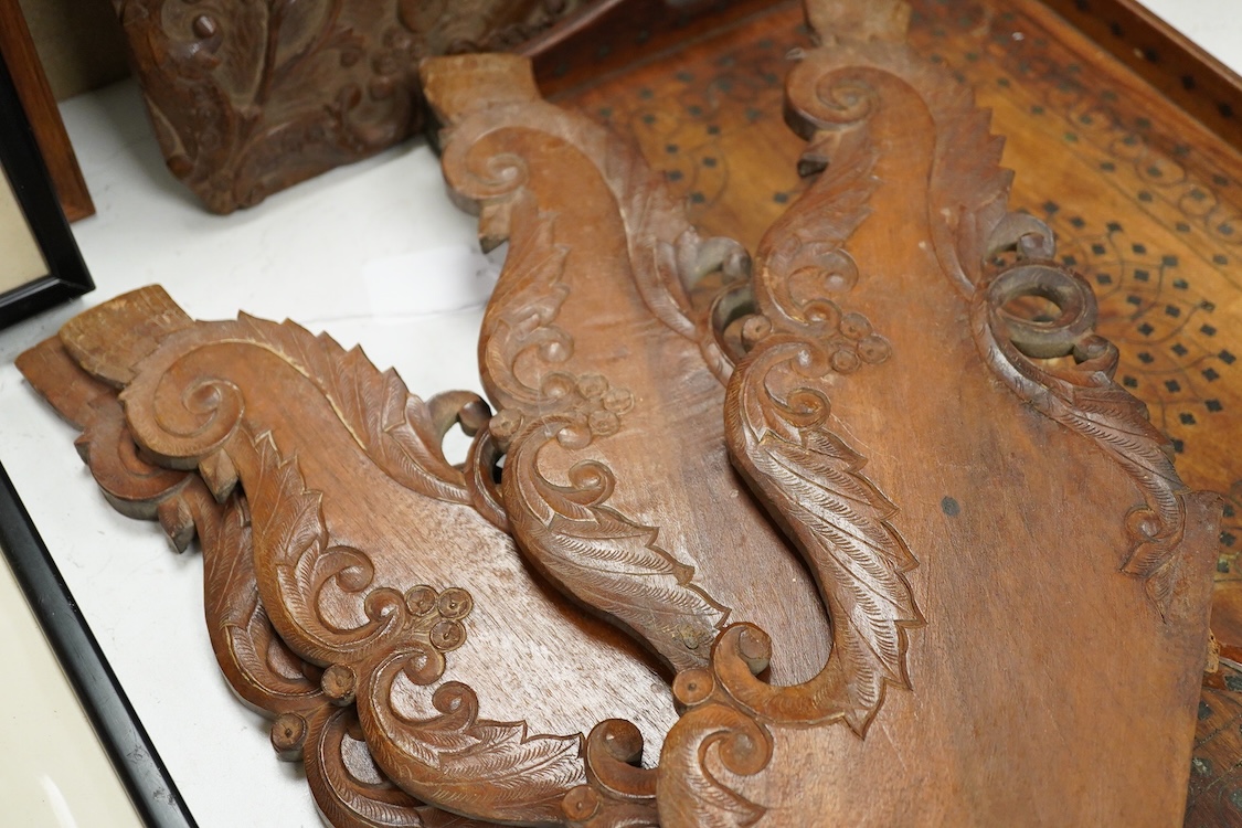 An Indian carved hardwood flat packed table and a similar inlaid tray, 46cm wide